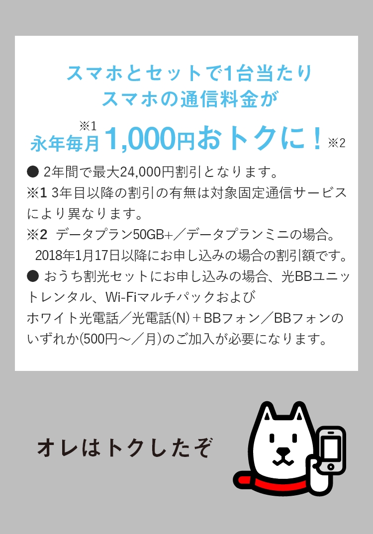 スマホとセットで1台当たりスマホの通信料金が永年毎月1,000円おトクに!